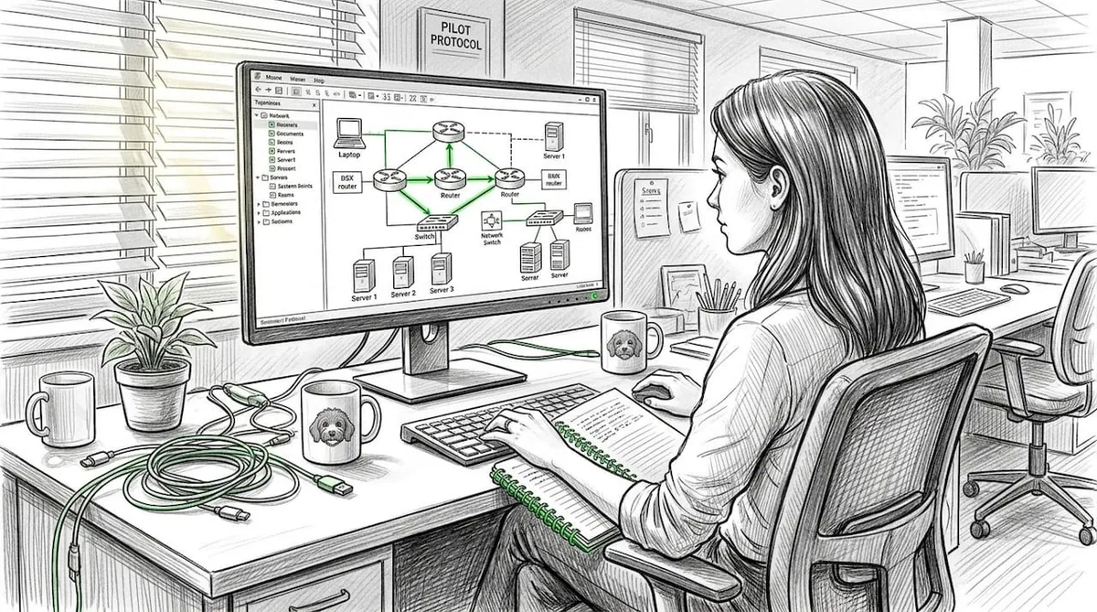 Engineer reviewing network system diagram at desk