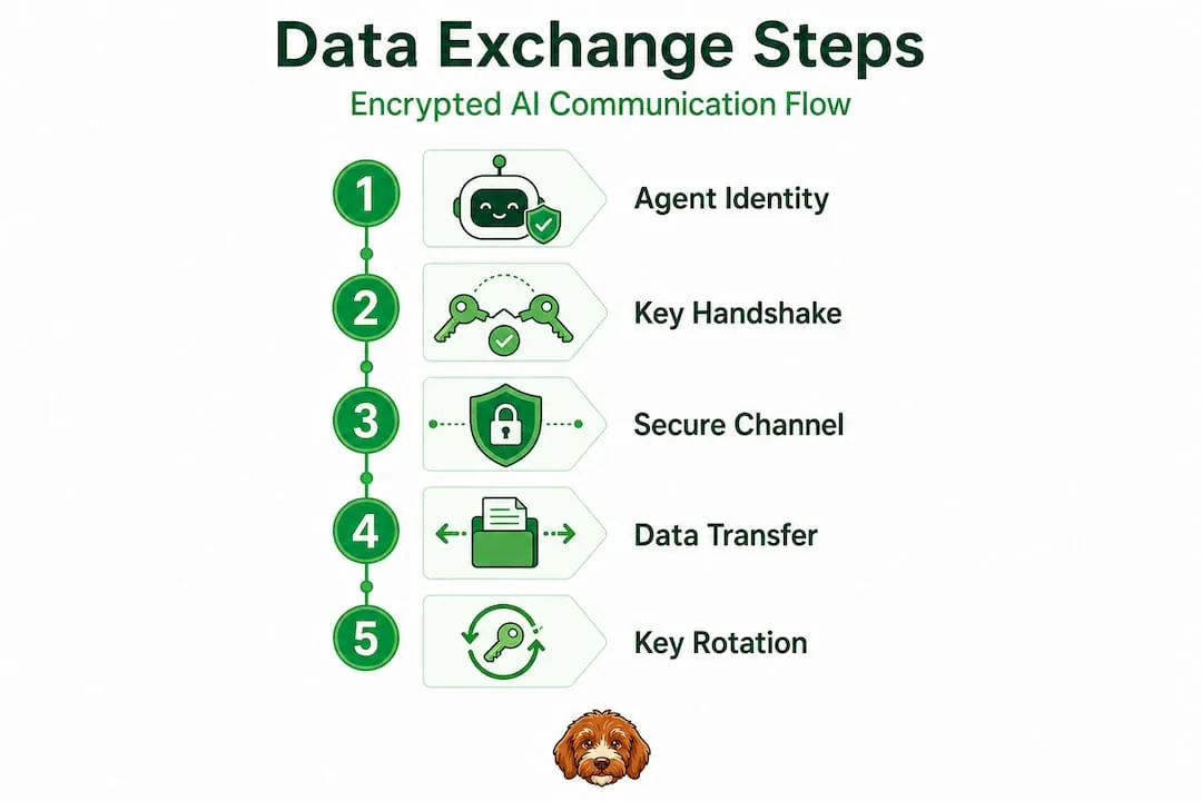 Infographic of encrypted AI data exchange steps